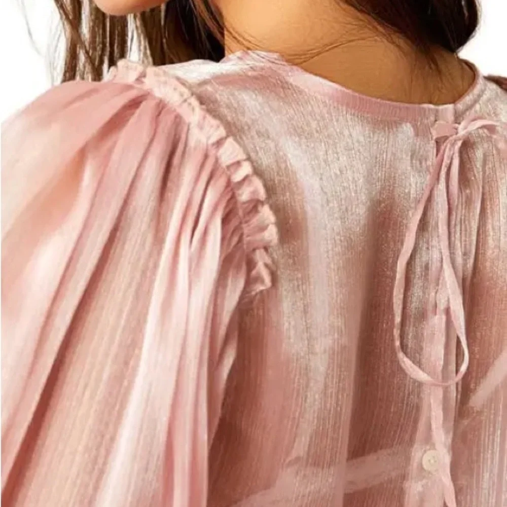 Free People Freya frost top Sheer Blush Pink Long-Sleeve Peasant Top - Picture 3 of 11